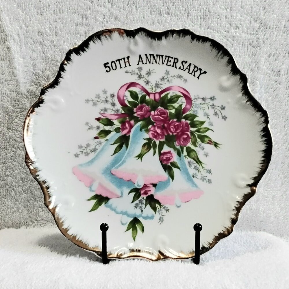 Vintage 8 1/4" 50th Anniversary Porcelain Wall Hanging Plate Beautiful Golding!!